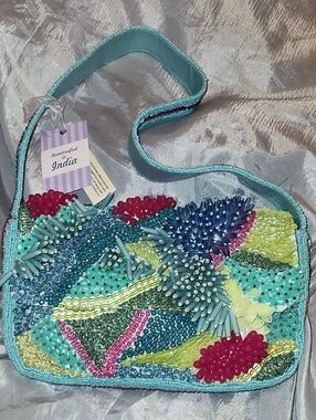 Handcrafted In INDIA Turquoise Beaded SHOULDER Bag CORAL REEF COSTAL EA